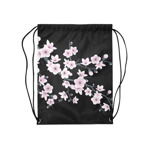 Cherry Blossoms Black Pink Asia Floral Medium Drawstring Bag Model 1604 (Twin Sides) 13.8"(W) * 18.1"(H)