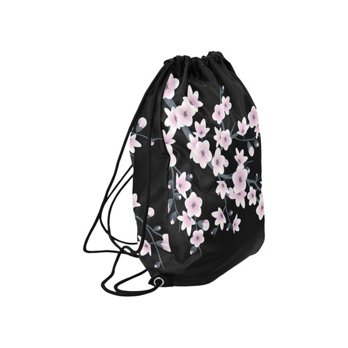 Cherry Blossoms Black Pink Asia Floral Large Drawstring Bag Model 1604 (Twin Sides)  16.5"(W) * 19.3"(H)