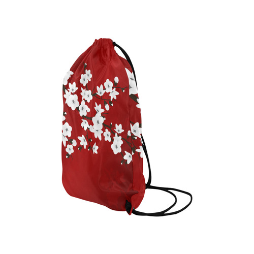 Cherry Blossoms Red Black And White Asia Floral Small Drawstring Bag Model 1604 (Twin Sides) 11"(W) * 17.7"(H)