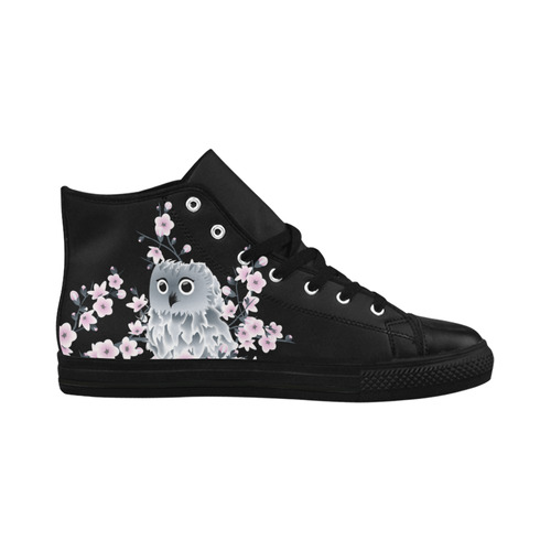 Cute Owl And Cherry Blossoms Black Pink Aquila High Top Microfiber Leather Women's Shoes (Model 032)