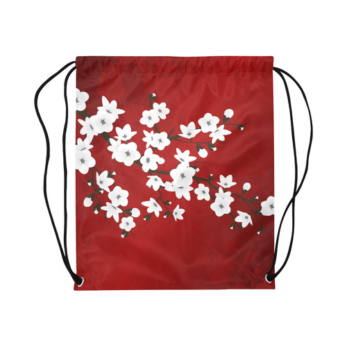 Cherry Blossoms Red Black And White Asia Floral Large Drawstring Bag Model 1604 (Twin Sides)  16.5"(W) * 19.3"(H)