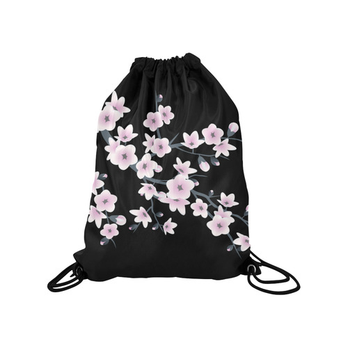 Cherry Blossoms Black Pink Asia Floral Medium Drawstring Bag Model 1604 (Twin Sides) 13.8"(W) * 18.1"(H)