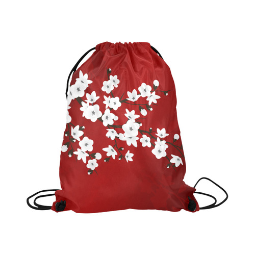 Cherry Blossoms Red Black And White Asia Floral Large Drawstring Bag Model 1604 (Twin Sides)  16.5"(W) * 19.3"(H)