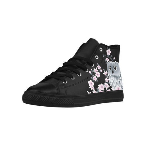 Cute Owl And Cherry Blossoms Black Pink Aquila High Top Microfiber Leather Women's Shoes (Model 032)