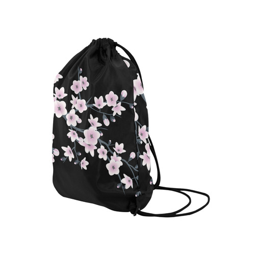 Cherry Blossoms Black Pink Asia Floral Medium Drawstring Bag Model 1604 (Twin Sides) 13.8"(W) * 18.1"(H)