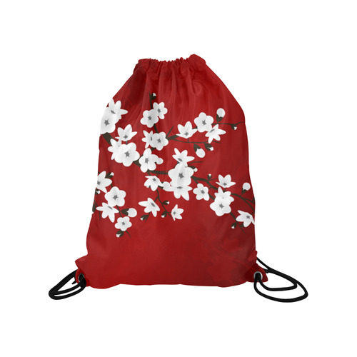 Cherry Blossoms Red Black And White Asia Floral Medium Drawstring Bag Model 1604 (Twin Sides) 13.8"(W) * 18.1"(H)