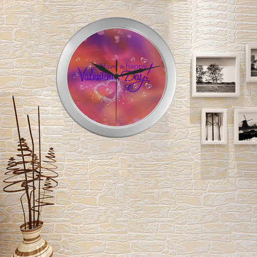 happy valentines day pink by FeelGood Silver Color Wall Clock
