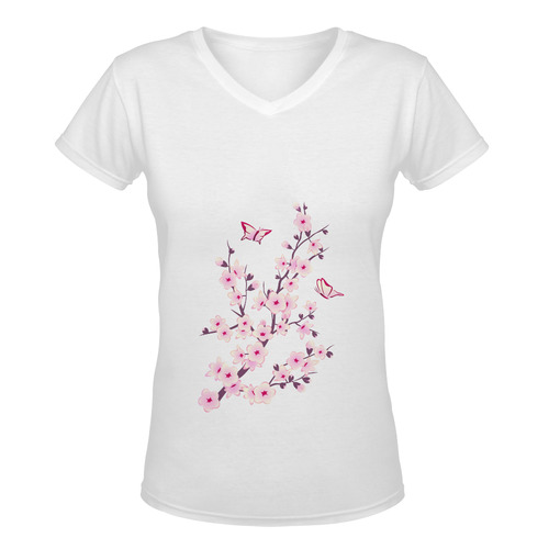 Sakura Cherry Blossoms Butterflies  Floral Women's Deep V-neck T-shirt (Model T19)