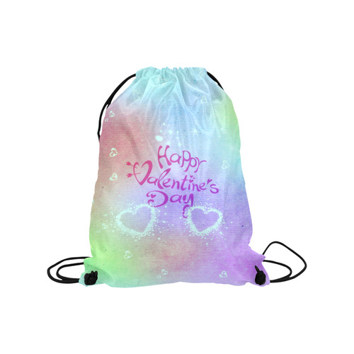 happy valentines day teal by FeelGood Medium Drawstring Bag Model 1604 (Twin Sides) 13.8"(W) * 18.1"(H)