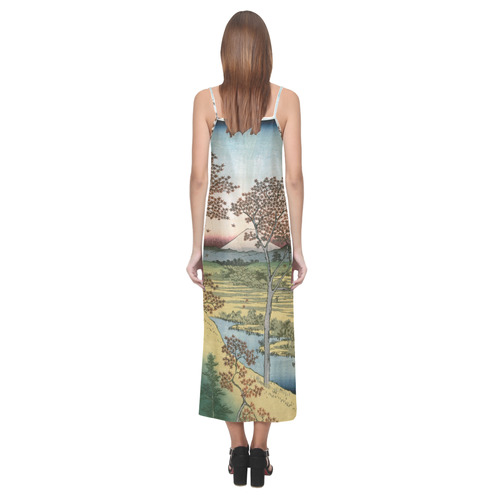 Sunset Hill Meguro Hiroshige Japanese Woodblock V-Neck Open Fork Long Dress(Model D18)