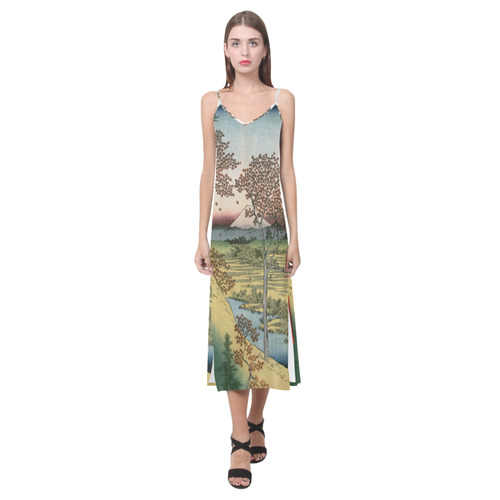 Sunset Hill Meguro Hiroshige Japanese Woodblock V-Neck Open Fork Long Dress(Model D18)