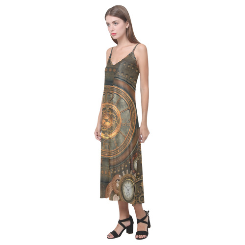 Steampunk, wonderful vintage clocks and gears V-Neck Open Fork Long Dress(Model D18)