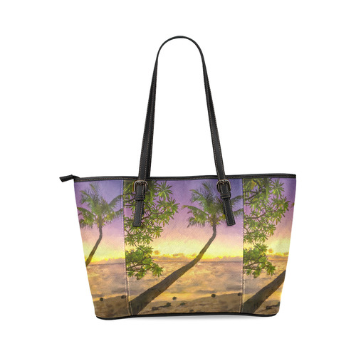 Painting tropical sunset beach with palms Leather Tote Bag/Large (Model 1640)