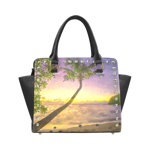 Painting tropical sunset beach with palms Rivet Shoulder Handbag (Model 1645)