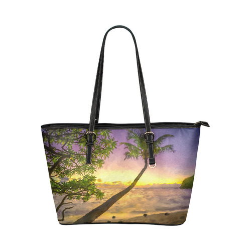 Painting tropical sunset beach with palms Leather Tote Bag/Large (Model 1651)