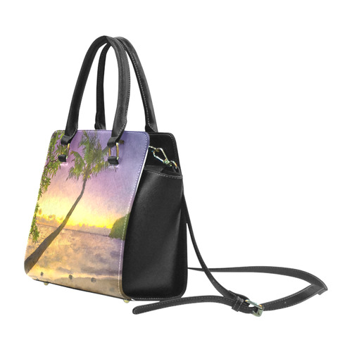 Painting tropical sunset beach with palms Rivet Shoulder Handbag (Model 1645)