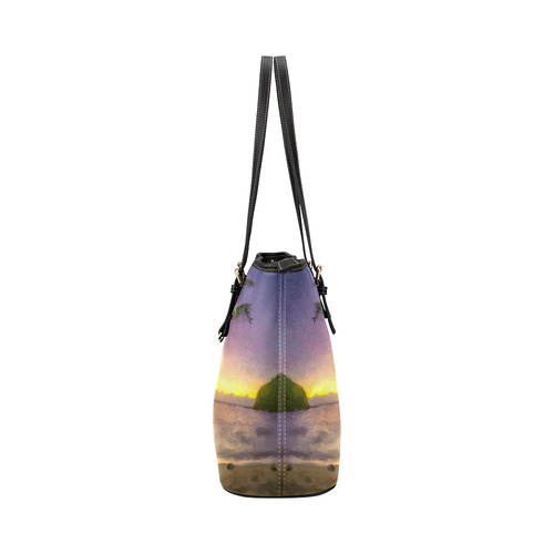 Painting tropical sunset beach with palms Leather Tote Bag/Large (Model 1651)