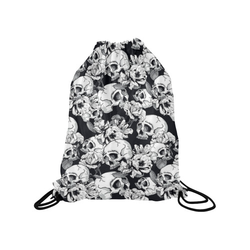 skull pattern, black and white Medium Drawstring Bag Model 1604 (Twin Sides) 13.8"(W) * 18.1"(H)