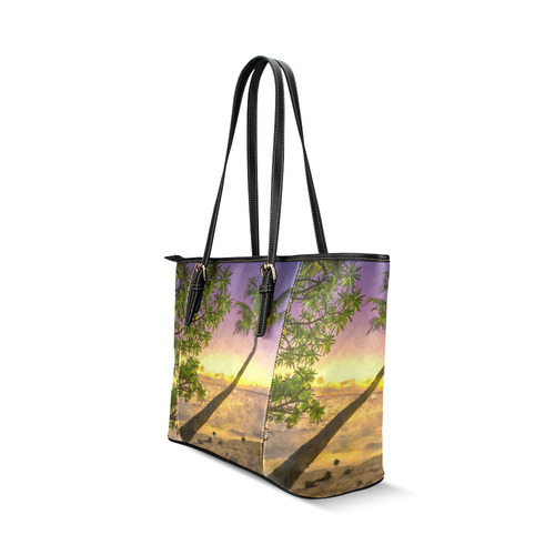 Painting tropical sunset beach with palms Leather Tote Bag/Large (Model 1640)