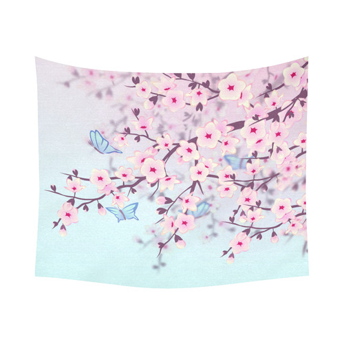Cherry Blossoms Sakura Japanese Landscape Cotton Linen Wall Tapestry 60"x 51"