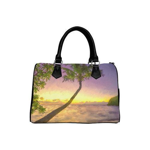Painting tropical sunset beach with palms Boston Handbag (Model 1621)