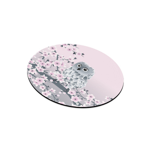 Cute Owl and Cherry Blossoms Pink Gray Round Mousepad