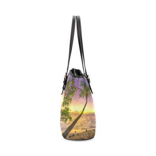 Painting tropical sunset beach with palms Leather Tote Bag/Large (Model 1640)