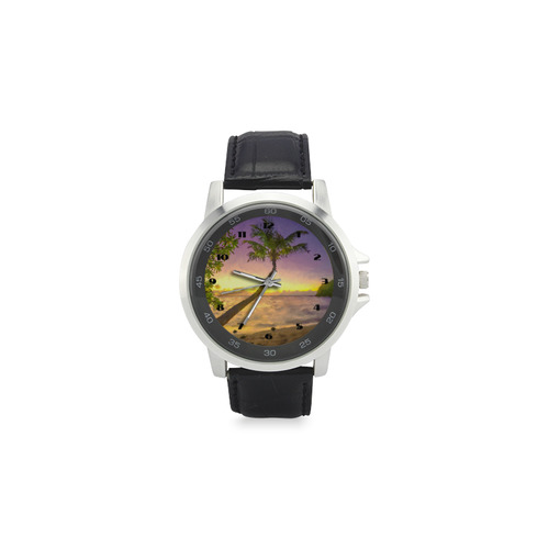 Tropical sunset beach with palms Unisex Stainless Steel Leather Strap Watch(Model 202)