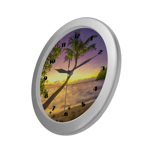 Tropical sunset beach with palms Silver Color Wall Clock
