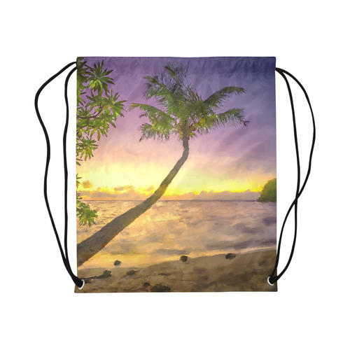 Painting tropical sunset beach with palms Large Drawstring Bag Model 1604 (Twin Sides)  16.5"(W) * 19.3"(H)