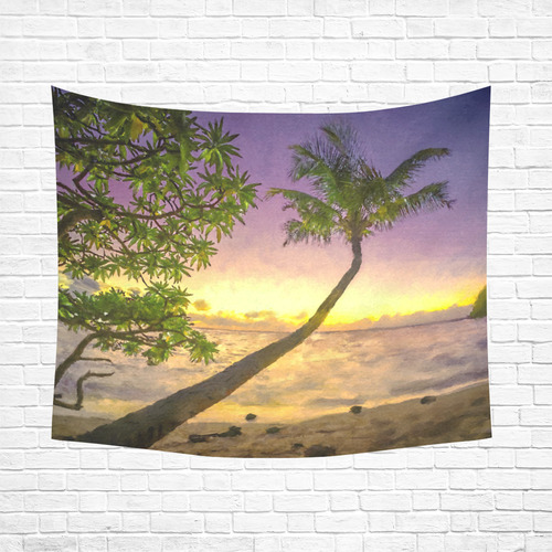 Painting tropical sunset beach with palms Cotton Linen Wall Tapestry 60"x 51"