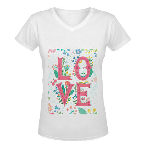 Pastel Colorful Floral LOVE Lettering Women's Deep V-neck T-shirt (Model T19)