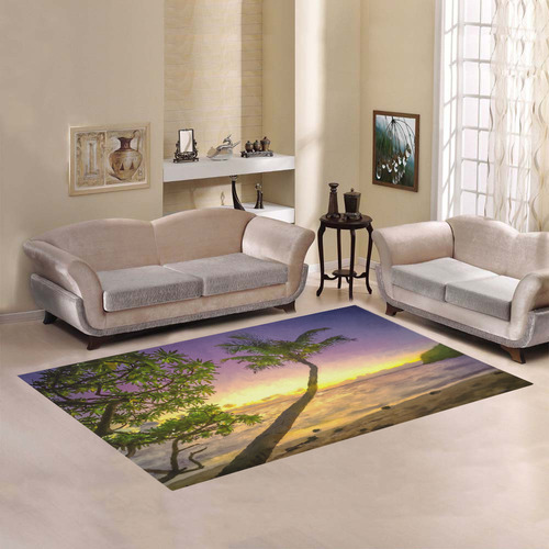 Painting tropical sunset beach with palms Area Rug7'x5'