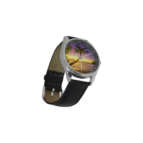 Painting tropical sunset beach with palms Men's Casual Leather Strap Watch(Model 211)