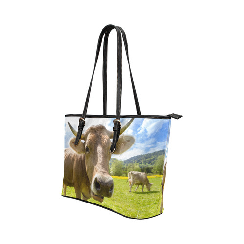 Photography Pretty Blond Cow On Grass Leather Tote Bag/Large (Model 1651)
