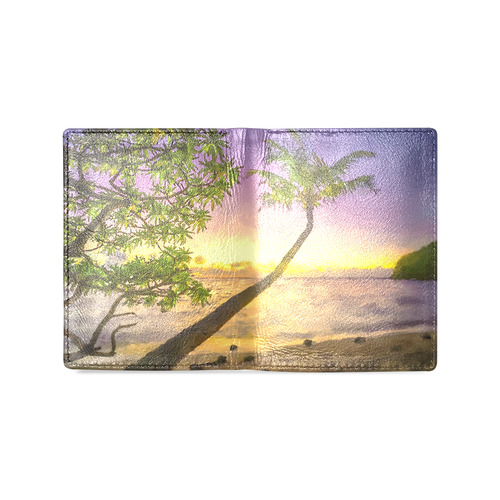 Painting tropical sunset beach with palms Men's Leather Wallet (Model 1612)