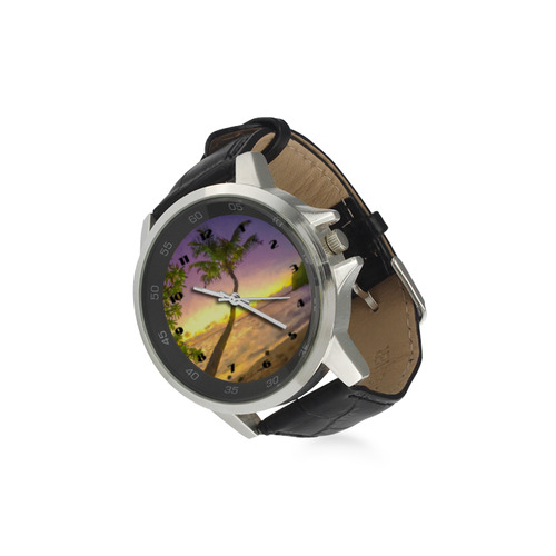 Tropical sunset beach with palms Unisex Stainless Steel Leather Strap Watch(Model 202)