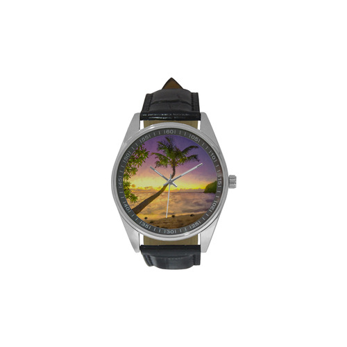 Painting tropical sunset beach with palms Men's Casual Leather Strap Watch(Model 211)