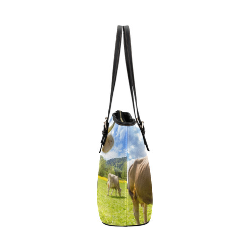 Photography Pretty Blond Cow On Grass Leather Tote Bag/Small (Model 1651)