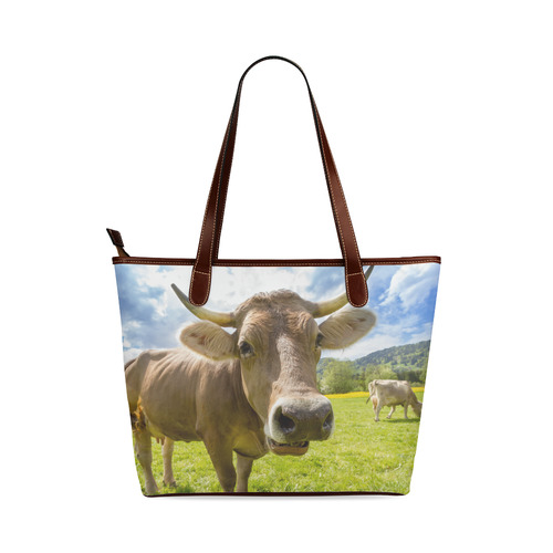 Photography Pretty Blond Cow On Grass Shoulder Tote Bag (Model 1646)