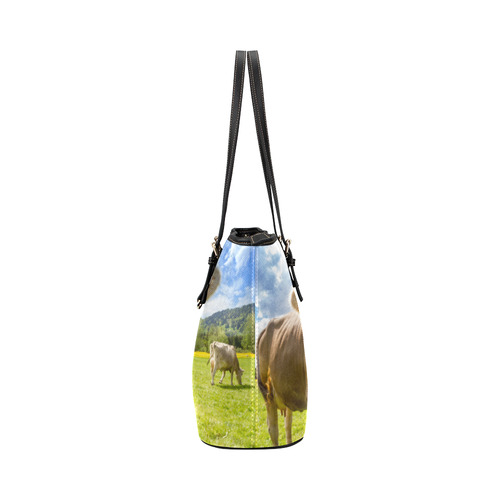 Photography Pretty Blond Cow On Grass Leather Tote Bag/Small (Model 1651)