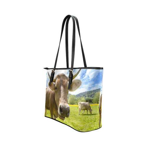 Photography Pretty Blond Cow On Grass Leather Tote Bag/Small (Model 1651)