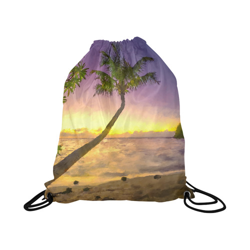 Painting tropical sunset beach with palms Large Drawstring Bag Model 1604 (Twin Sides)  16.5"(W) * 19.3"(H)