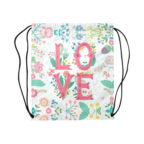 Pastel Colorful Floral LOVE Lettering Large Drawstring Bag Model 1604 (Twin Sides)  16.5"(W) * 19.3"(H)