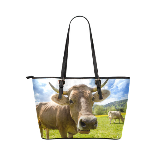Photography Pretty Blond Cow On Grass Leather Tote Bag/Large (Model 1651)