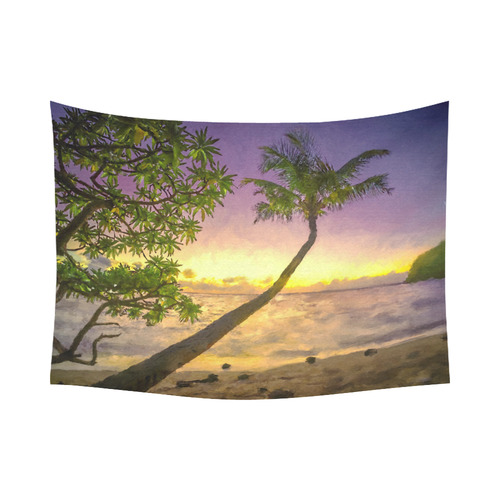 Painting tropical sunset beach with palms Cotton Linen Wall Tapestry 80"x 60"