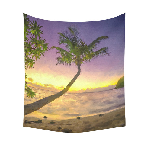 Painting tropical sunset beach with palms Cotton Linen Wall Tapestry 51"x 60"