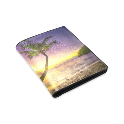 Painting tropical sunset beach with palms Men's Leather Wallet (Model 1612)