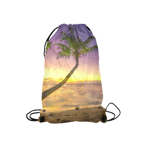 Painting tropical sunset beach with palms Small Drawstring Bag Model 1604 (Twin Sides) 11"(W) * 17.7"(H)