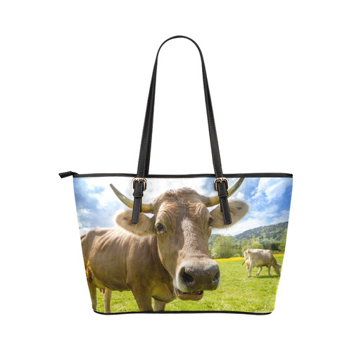 Photography Pretty Blond Cow On Grass Leather Tote Bag/Small (Model 1651)